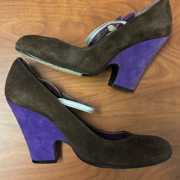 Marc Jacobs Brown Purple Mary Jane Heels Color Block Metallic Accents Size 37 - Picture 10 of 16